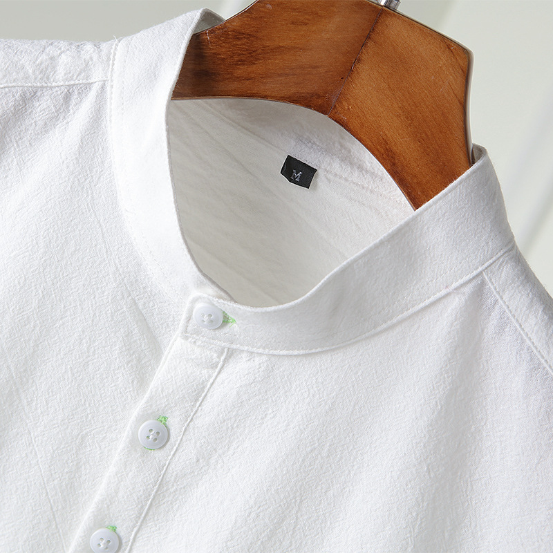L65 Spring and summer new style stand-up collar pure cotton linen henley shirt three-quarter sleeve casual loose pullover T-shirt