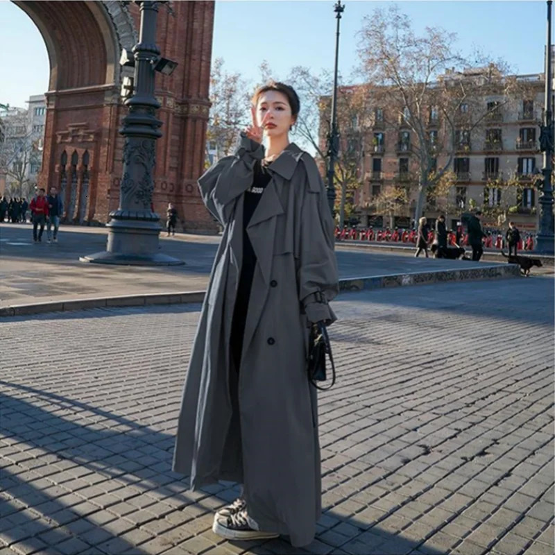 Spring Autumn Extra Long Flowy Oversized Casual Trench Coat for Women Belt Double Breasted Loose Korean Fashion 250118