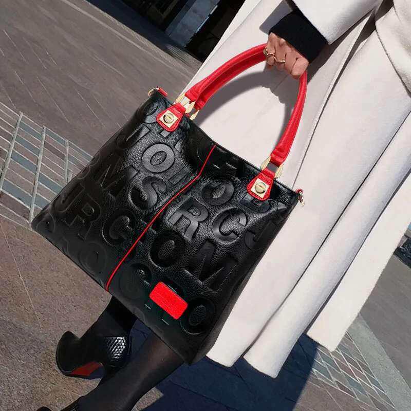New Women's Cowhide Tote Fashionable And Versatile Large Capacity Letter Printed Handheld Shoulder Bag