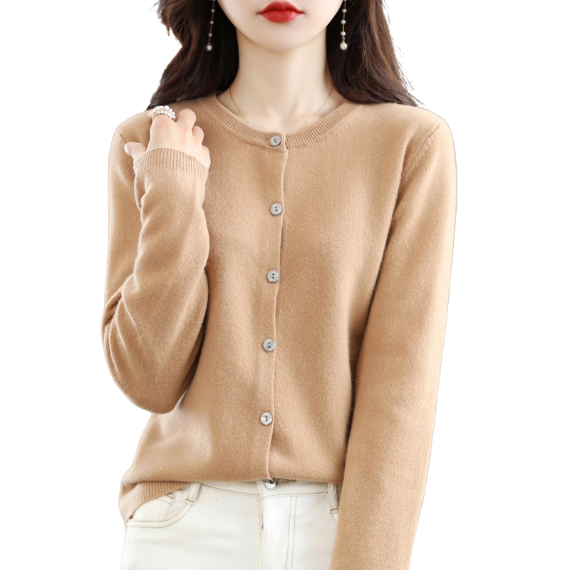New Knit Cardigan for Early Spring Women's Round-Neck Sweater Long-Sleeve Solid Color Versatile Jacket