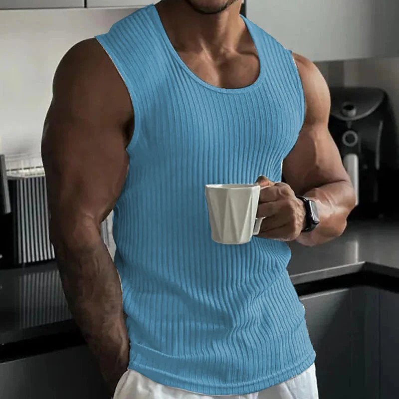 Fashion Slim Knitted Ribbed Tank Tops Men Casual Solid Color O Neck Sleeveless Camisole Summer Fitness Training Mens Vest 250108