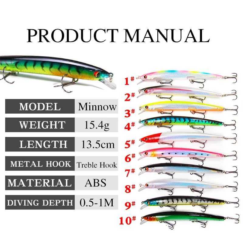 10PCS Floating Sea Bass Fishing Lures Baits 135mm 15.4g Minnow Lures with Flash Blade Hard Lure Good Action Wobbler Tackle Pike M250118