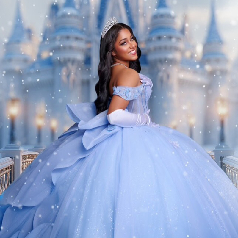 Sky Blue Shiny Quinceanera Dresses Ball Gown Off The Shoulder Applique Flower Beading Tull Party Birthday Sweet 16 Vestidos De 15 Anos