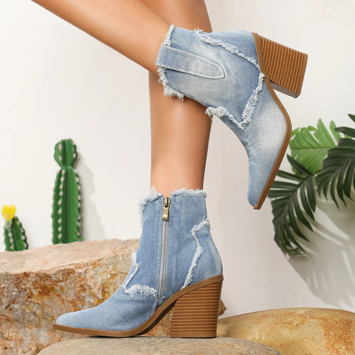 Womens western denim heeled ankle boots rubber waterproof sole stylish vintage fabric upper 250117