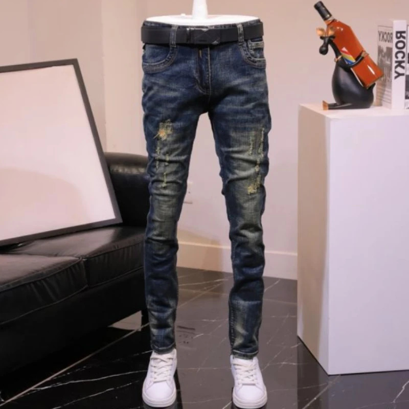 Trouser tear elastic perforated mens jeans slim fit jeans mens skinny jeans skinny jeans 250118