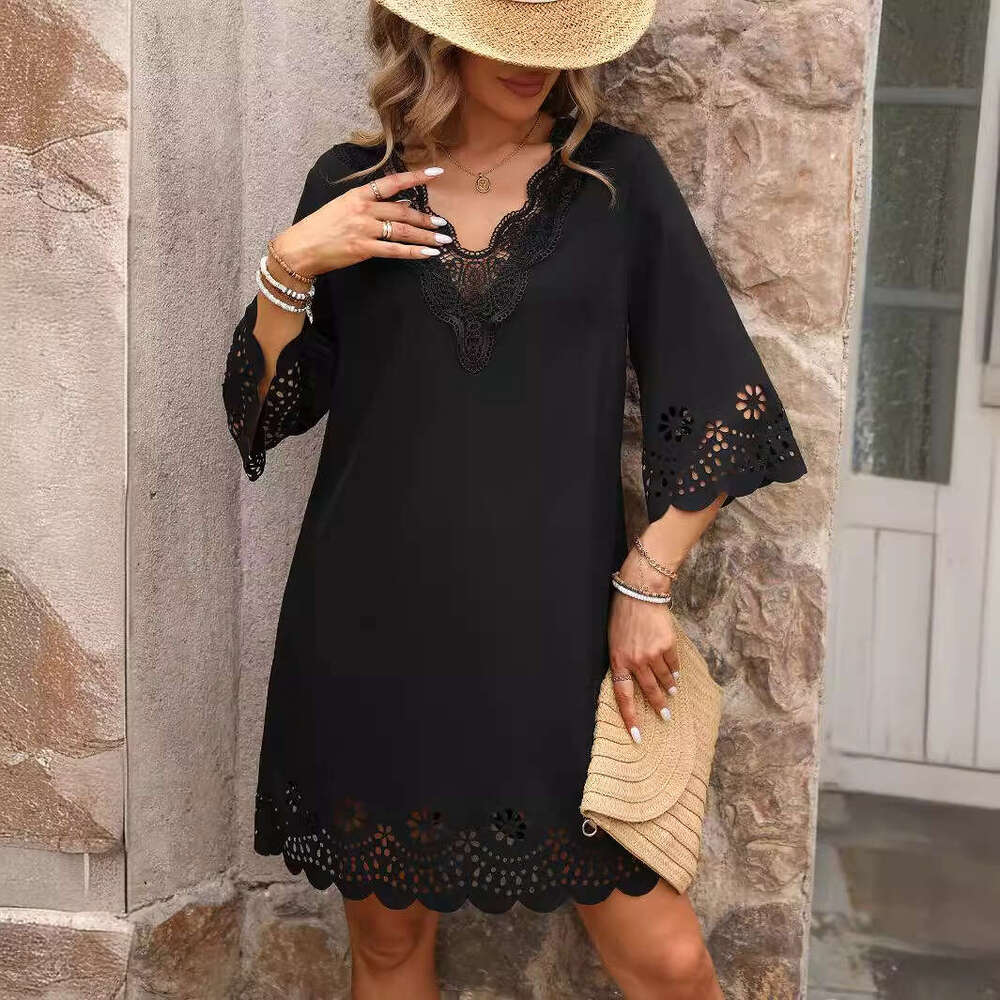 European and American Summer Women's Sexy Lace V-neck Hollow Dress 2025 Versatile New Trendy Clothing Ins