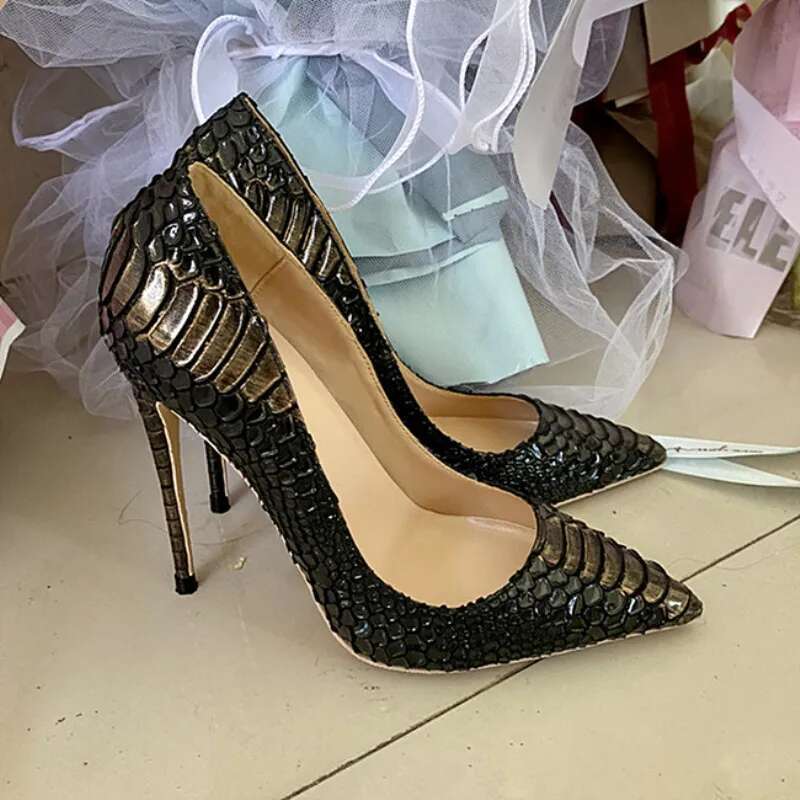 Ke Shang Jia Serpentine Pumps Lady 12cm High Heel Pointed Toe Shallow Sexy Party Fashion 10cm 8cm Black Snake Print Dress Shoe