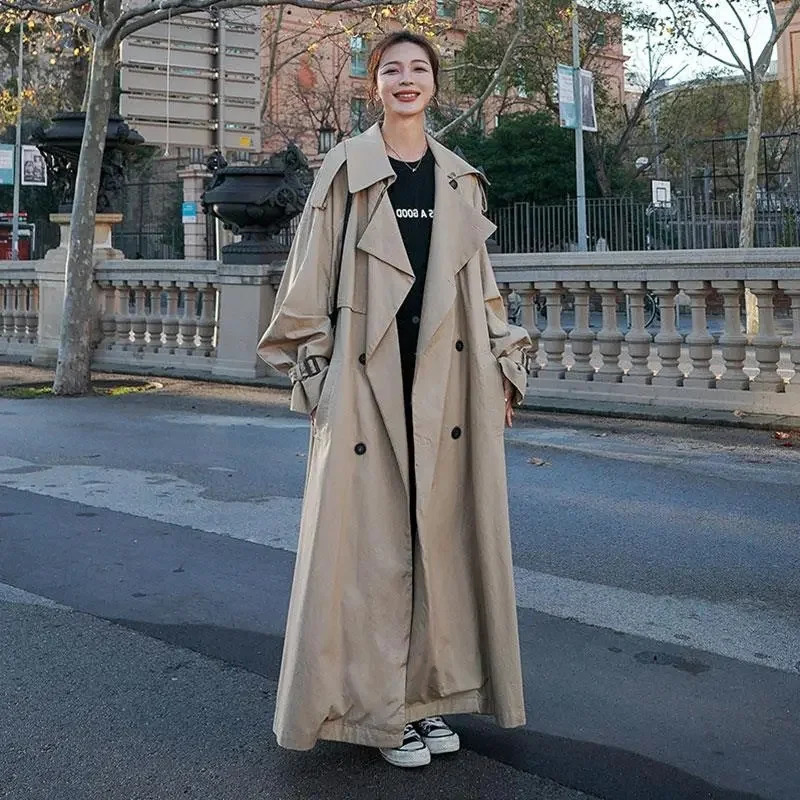 Spring Autumn Extra Long Flowy Oversized Casual Trench Coat for Women Belt Double Breasted Loose Korean Fashion 250118