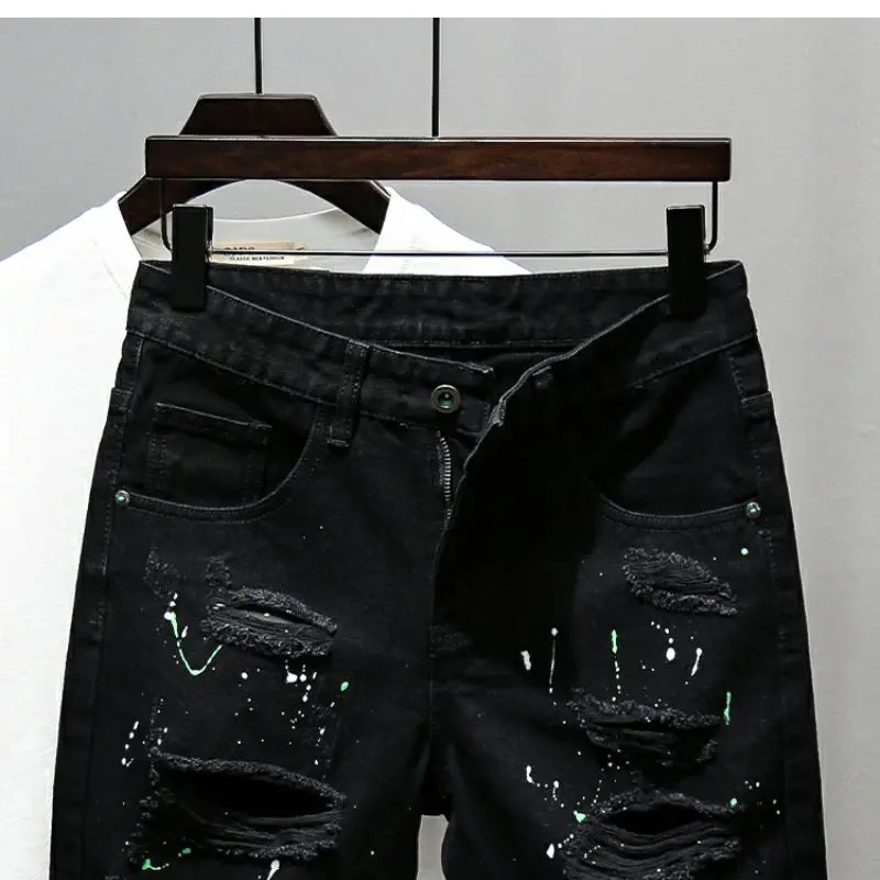 Fashion Summer Casual Denim Jeans Knee Length Shorts for Men Black Cowboy Low Rise Ripped Holes Boyfriend Mens Denim Shorts 250109