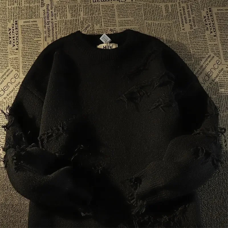 Autumnand y2k Streetwear Men Retro Hole Fringed Sweater Loose Versatile Sweater For Men And Women Long Sleeve Sweater 250109