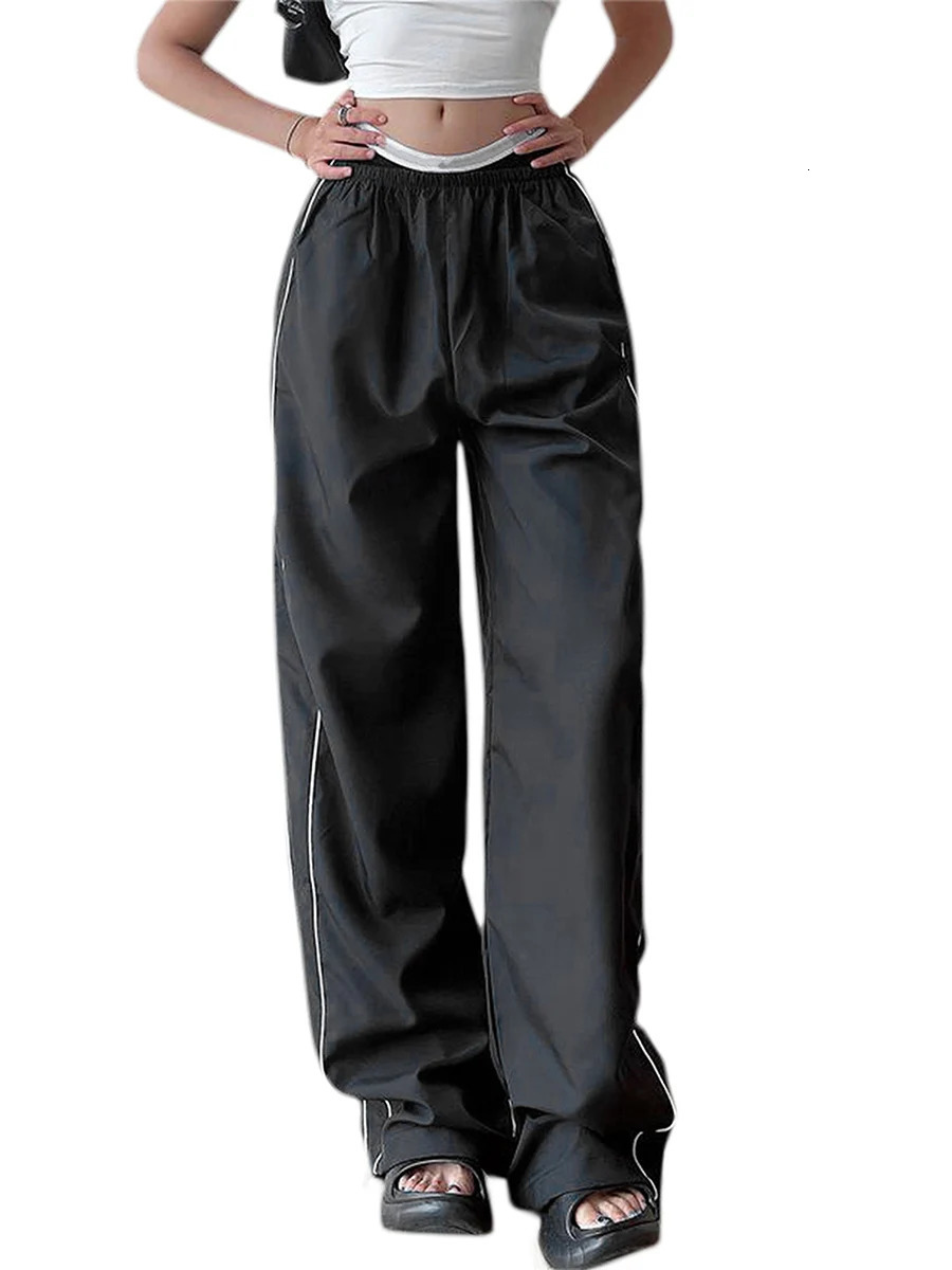 Baggy Cargo Sweatpants for Women Low Wasit Wide Leg Parachute Pant Side Striped Bow Track Pants Y2K Streetwear 250113