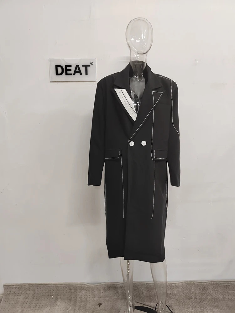 DEAT Fashion Womens Trench Coat Top Contrast Color Double Chest Long Sleeve Windproof Spring Style 20A3504 250118