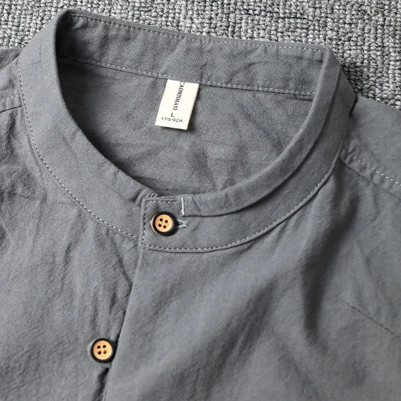 Mens long sleeved slim fit shirt retro pure cotton linen stand up collar single chest daily simple button mens shirt 250110