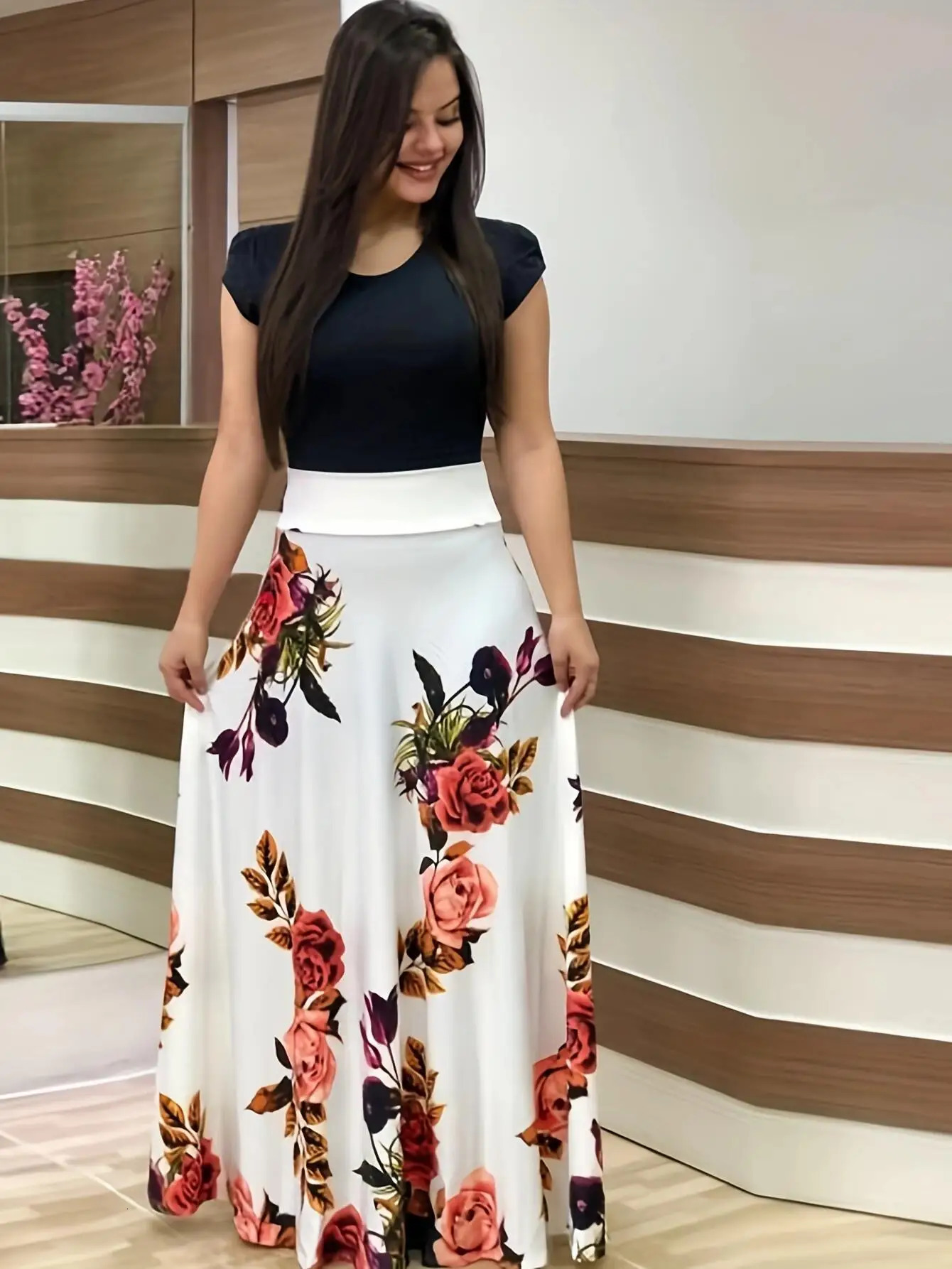 European and American style flower print color matching short sleeved dress for womens large swing skirt 250117