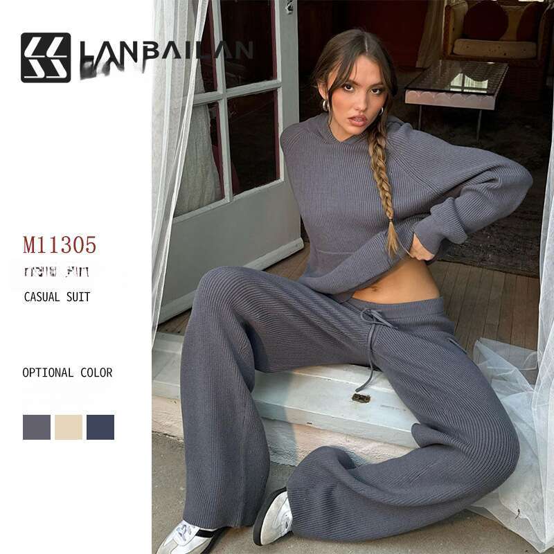 2025 European American Spring Autumn Women's Hooded Sports and Leisure Sweater Knitted Set New Casual Versatile Fashion Clothing