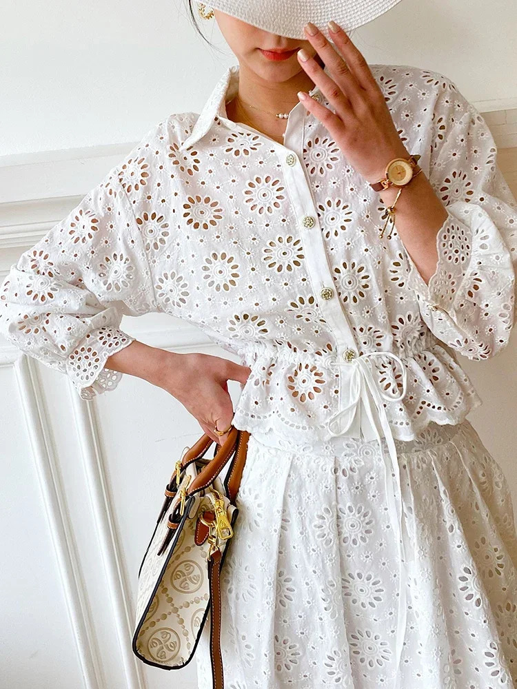 GypsyLady White Elegant Chic Dress Set Cotton Bohemian Shirt Long Skrit Summer Womens Holiday Chic 2-piece Set 250110