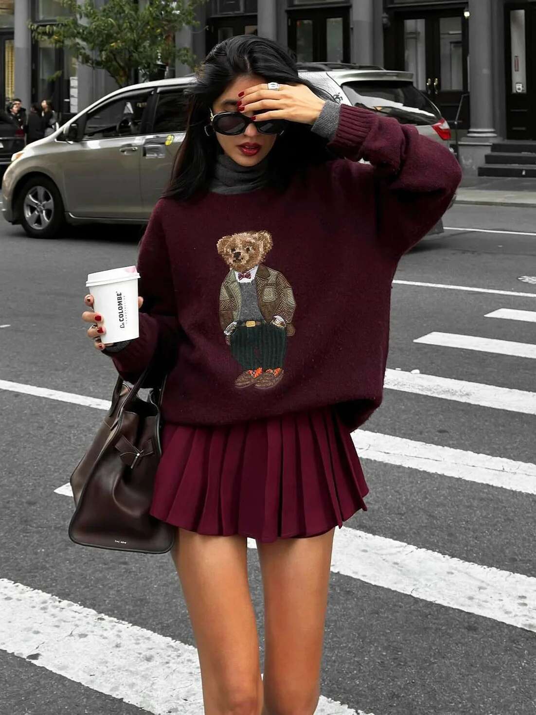 SANCCOHOUSE 2025 New Anime Bear Print Embroidered Sweater, Lazy Chic Slim Fit Long Sleeve Round Neck Autumn/Winter College Style