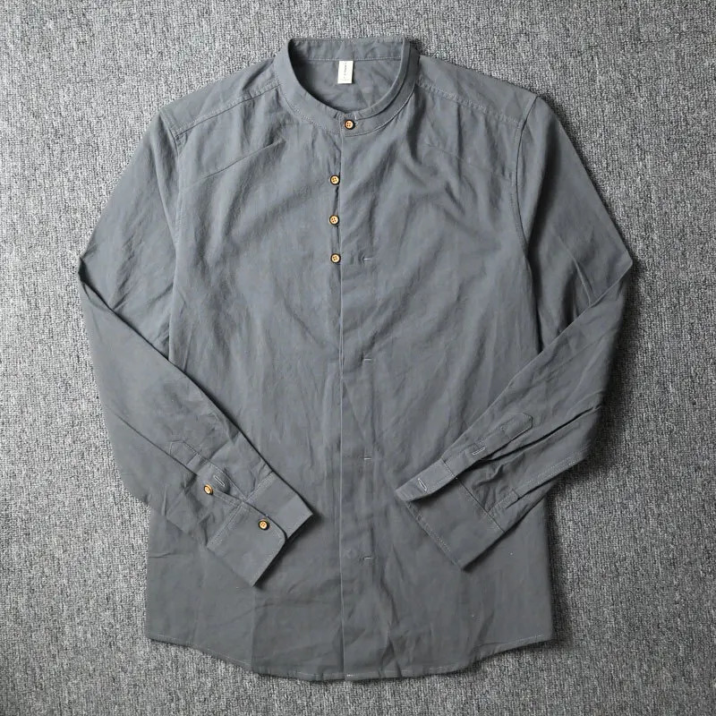 Mens long sleeved slim fit shirt retro pure cotton linen stand up collar single chest daily simple button mens shirt 250110