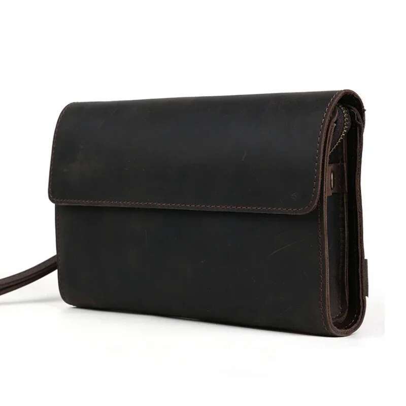 Top Grade Men Genuine Day Clutches For Male Vintage Style Hand Purse Crazy Horse Leather Mens Clutch Big Wallet