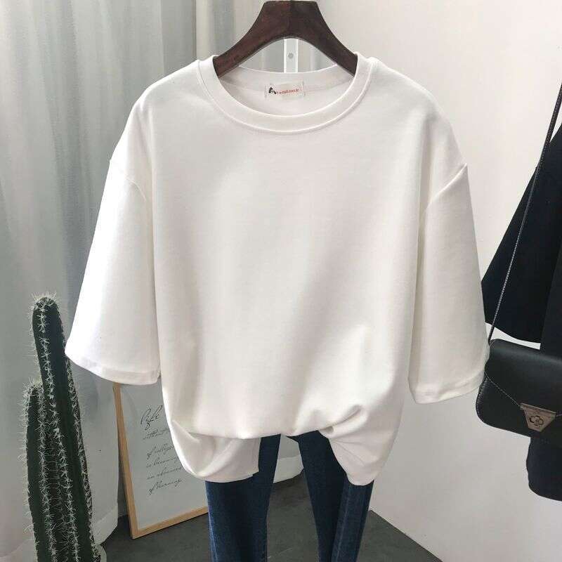 T-shirt à manches courtes 1-G008 pour femmes, en daim brossé, surdimensionné, minceur en vrac, couleur unie avec cou rond en dessous, automne pou