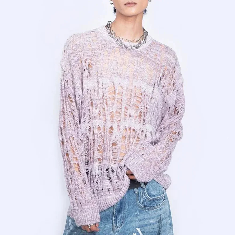 Men Sweater Harajuku Perspective Destructed Hollow Hold Pullover Tops Autumn Streetwear Fashion Trendy Daily Unisex 2024 250114