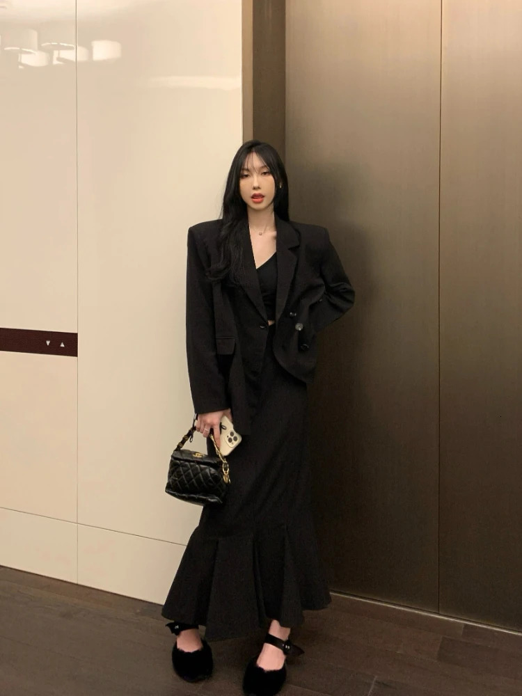 Womens Blazer Suits Skirt Sets Ladies Korean Side Button Suit High Waist Slim Mid-length Fishtail Skirt Blazers 250109
