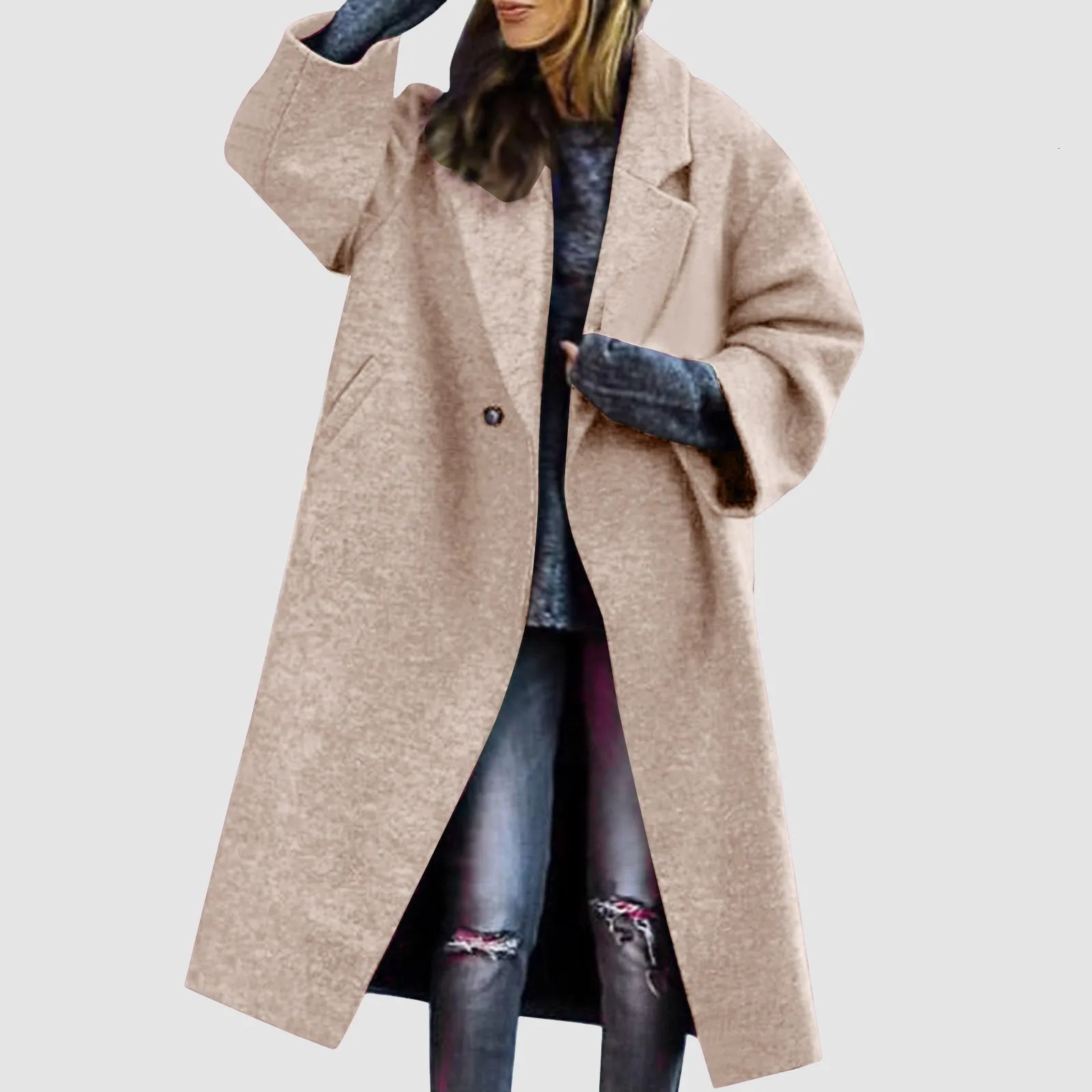 Womens Winter Double Button Midi Long Wool Coat Temperament Commuting Notch Lapel Loose Dressy Casual Winter Green Trench Coat 250118