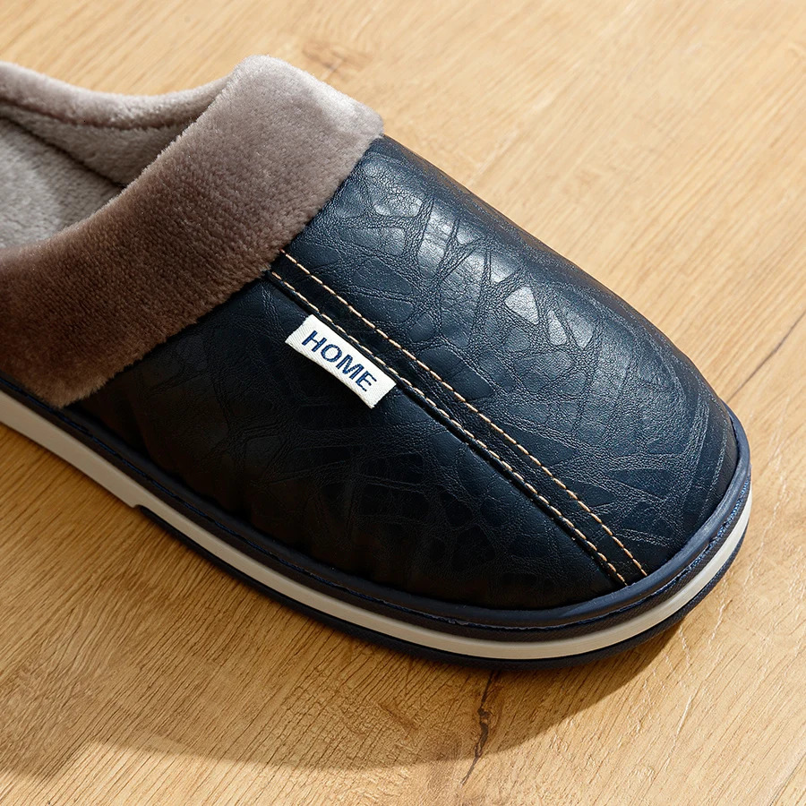Big Size Mens slippers Winter Indoor Waterproof PU Leather Large Sizes Home Cotton shoes Fur Flat Cotton Bedroom Houseshoes250114