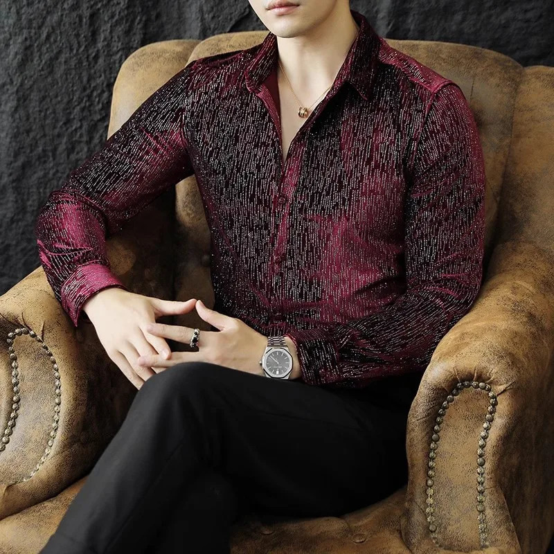 long sleeved velvet sequined shirt mens streetwear lapel social tailcoat shirt mens wedding club disco ultra-thin mens shirt 4XL-M 250110