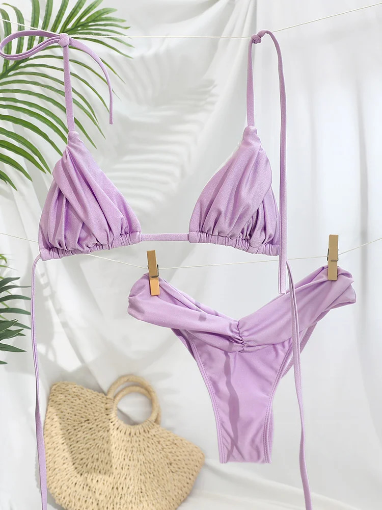Pleated Brazilian Folds Bikini Set Sexy Micro Bikinis Women Swimsuit Female Triangle Swimwear Beach Wear Bathing Suit 250117