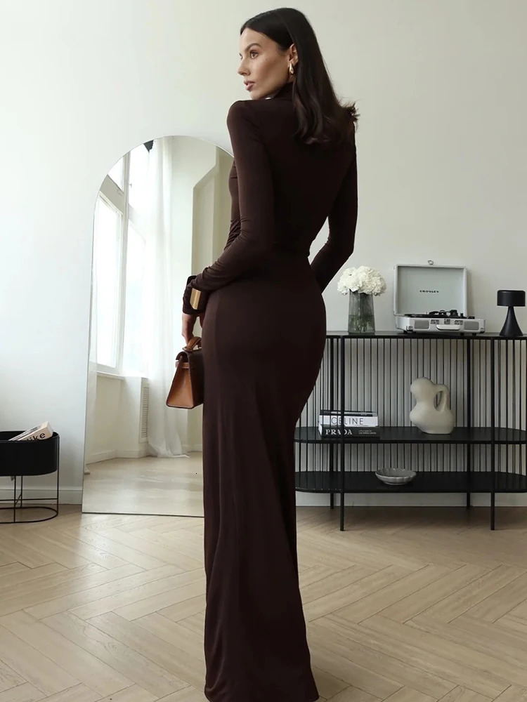 Mozision Turtleneck Thigh High Split Sexy Maxi Dress For Women Fashion Long Sleeve Draped Bandage Bodycon Club Long Dress 250117