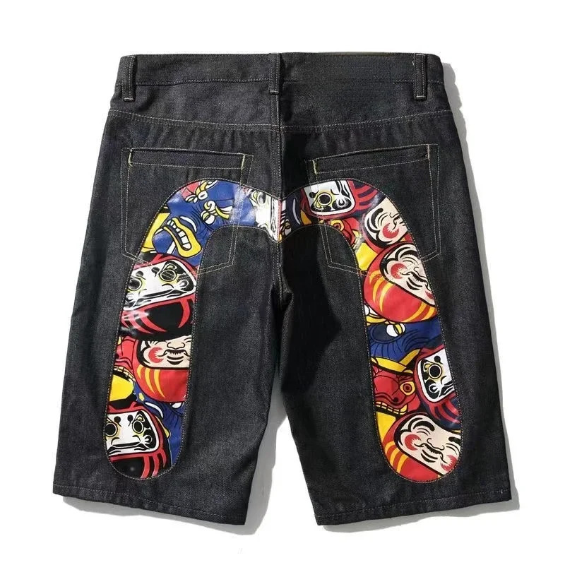 2024 Fukushen Shorts HipHop American High Street Retro Harajuku Style Fashion Loose Printed Denim Straight FiveLeg Pants 250118