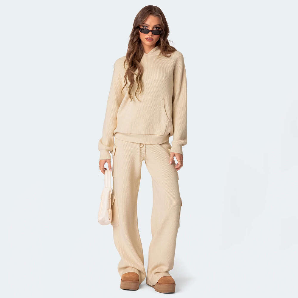 2025 European American Spring Autumn Women's Hooded Sports and Leisure Sweater Knitted Set New Casual Versatile Fashion Clothing