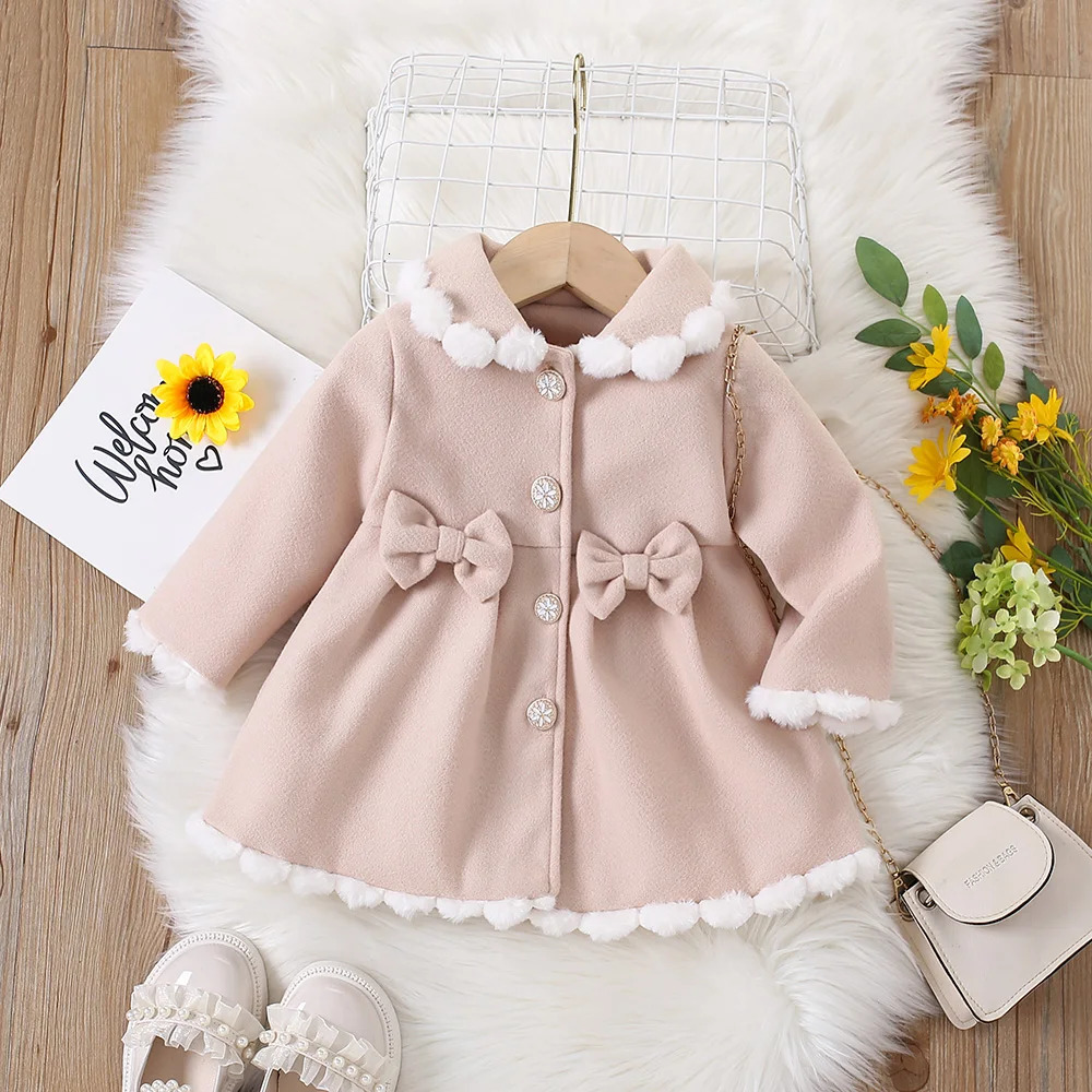 Winter Dresses for Girls Delicate Button Coat Bow Long Sleeve Furry Nizi Sweet Princess Dress Fashion 250117