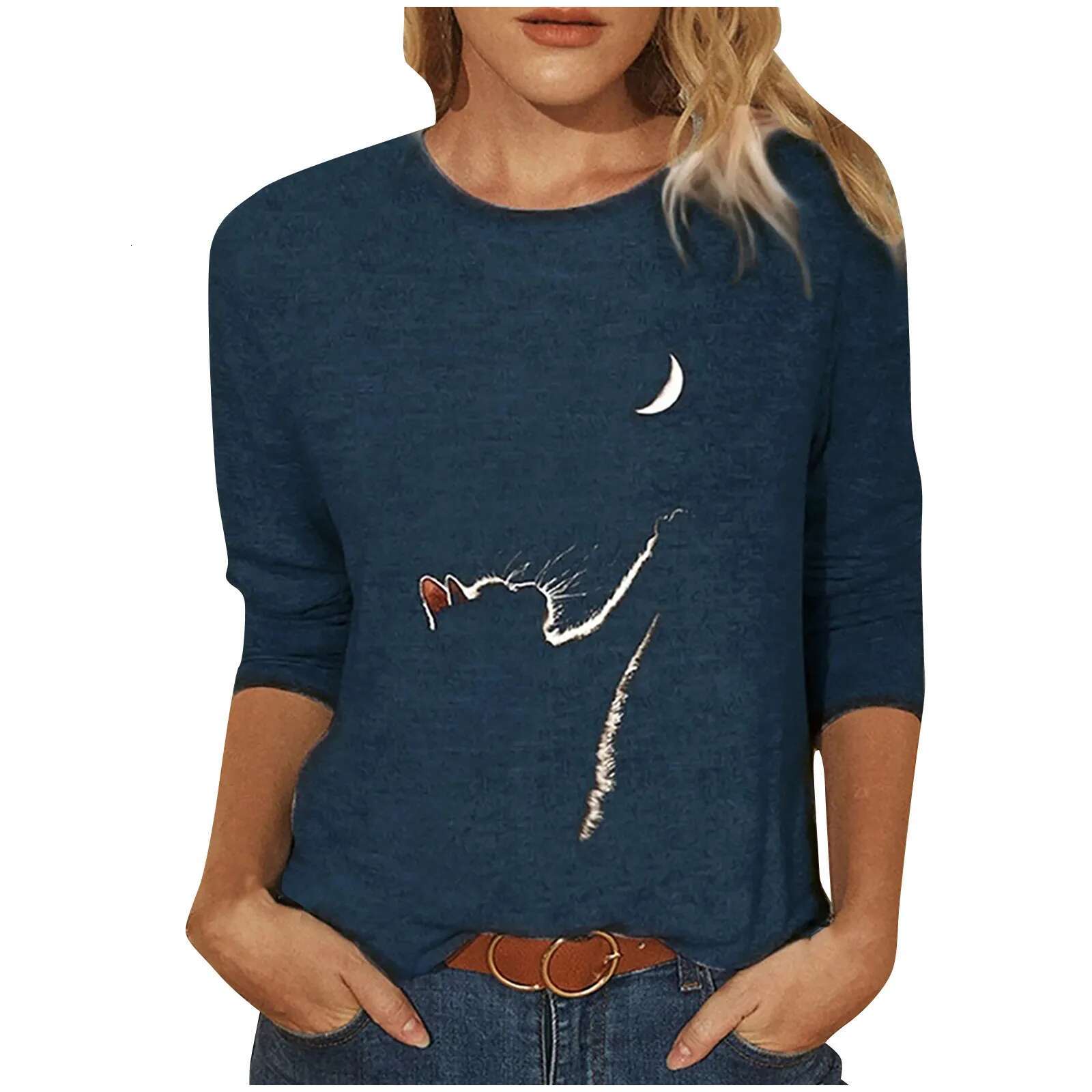 Autumn And Winter Loose Cat Print Casual Long Sleeved T-shirt Top Women's Shirt 2025 Women's Summer Top Designer T-shirt
