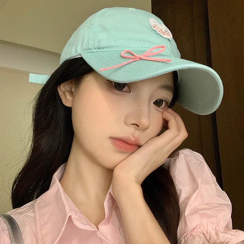 Mint green love bow baseball cap womens wide brim big head circumference showing face small versatile cap 250117