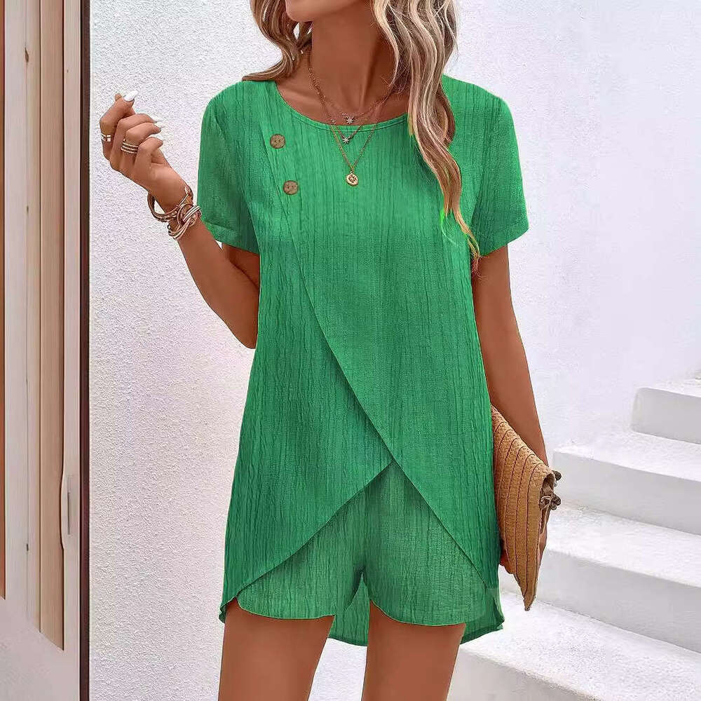 European American women's fashionable and personalized round neck front cross hem short sleeved suit 2025 new casual versatile fashion clothing