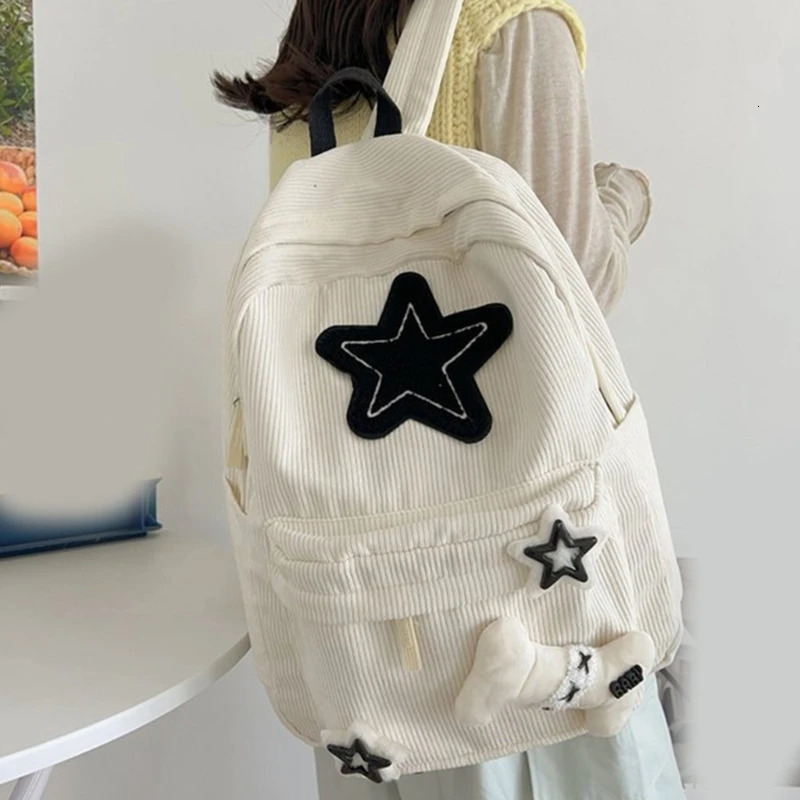 Y2K Girls Star Pattern Laptop Backpack Teen Student Large Capacity School Bookbag Corduroy Rucksack Double Strap Shoulder Bag 250109