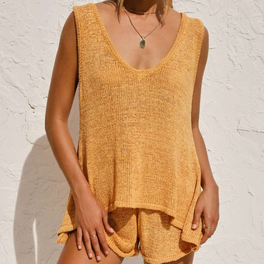 Hot selg 2025 summer deep V-neck vest tied rope knitted women's sweater two-piece set new casual fashion trend clothing