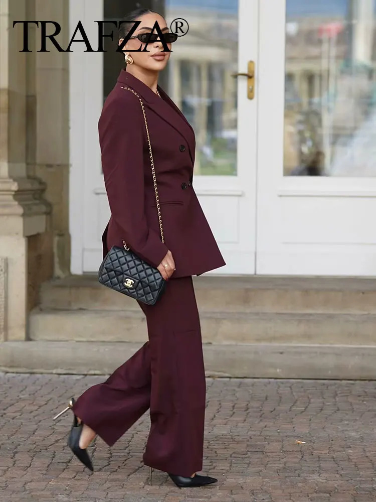 TRAFZA Women Vintage Wine Red Blazer Pant Suits Double Breasted Long Sleeve Coat Zipper Fly Straight Trousers Lady Office Sets 250113