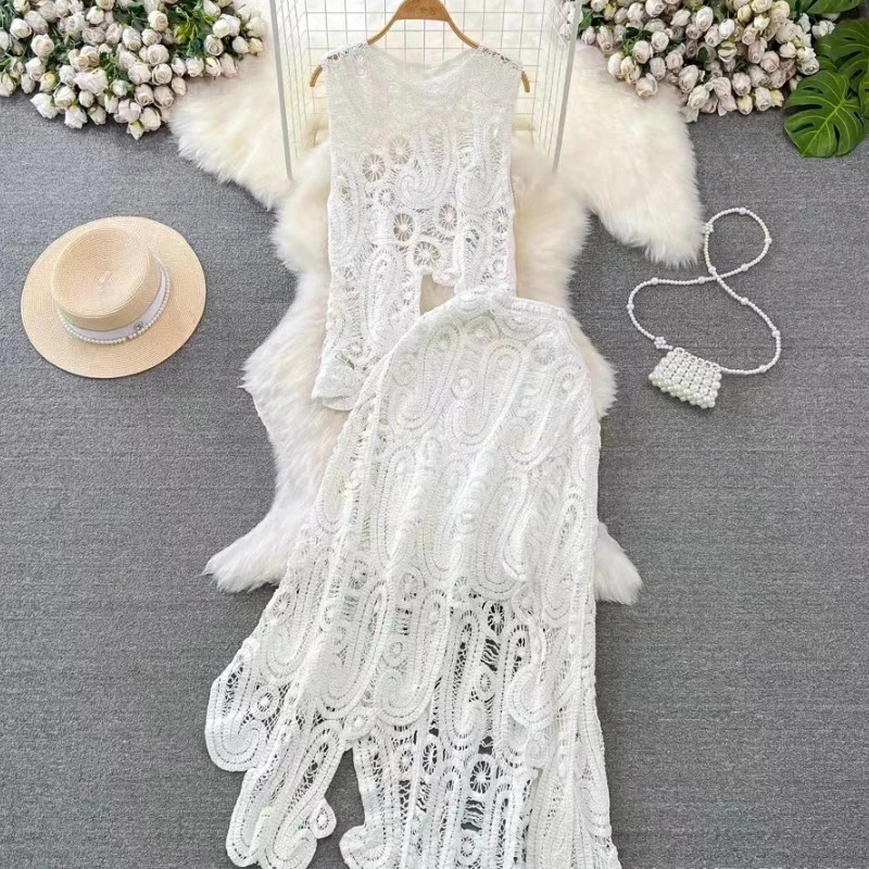 Canwedance Hollow Out Two Pieces Dress Set Boho Crochet Elegant Outfits Summer Women Knitted Chic Dress Set Dresses 250118