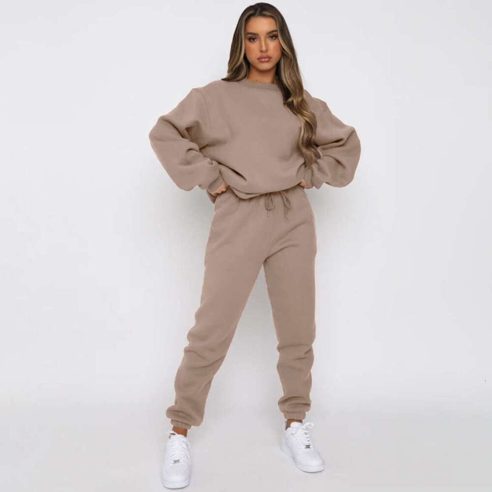 European American autumn and winter solid color round neck pullover pants women's fashion casual long sleeved sweatshirt set 2025 temperament ver