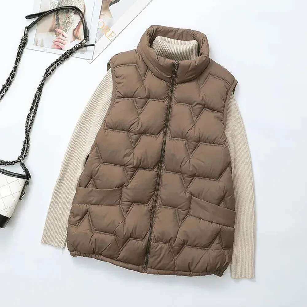 Down Vest Jackets For Women New Autumn Winter Ultra Light Stand Collar Beige Sleeveles Cotton Coat Parka Ladies Warm Waistcoat