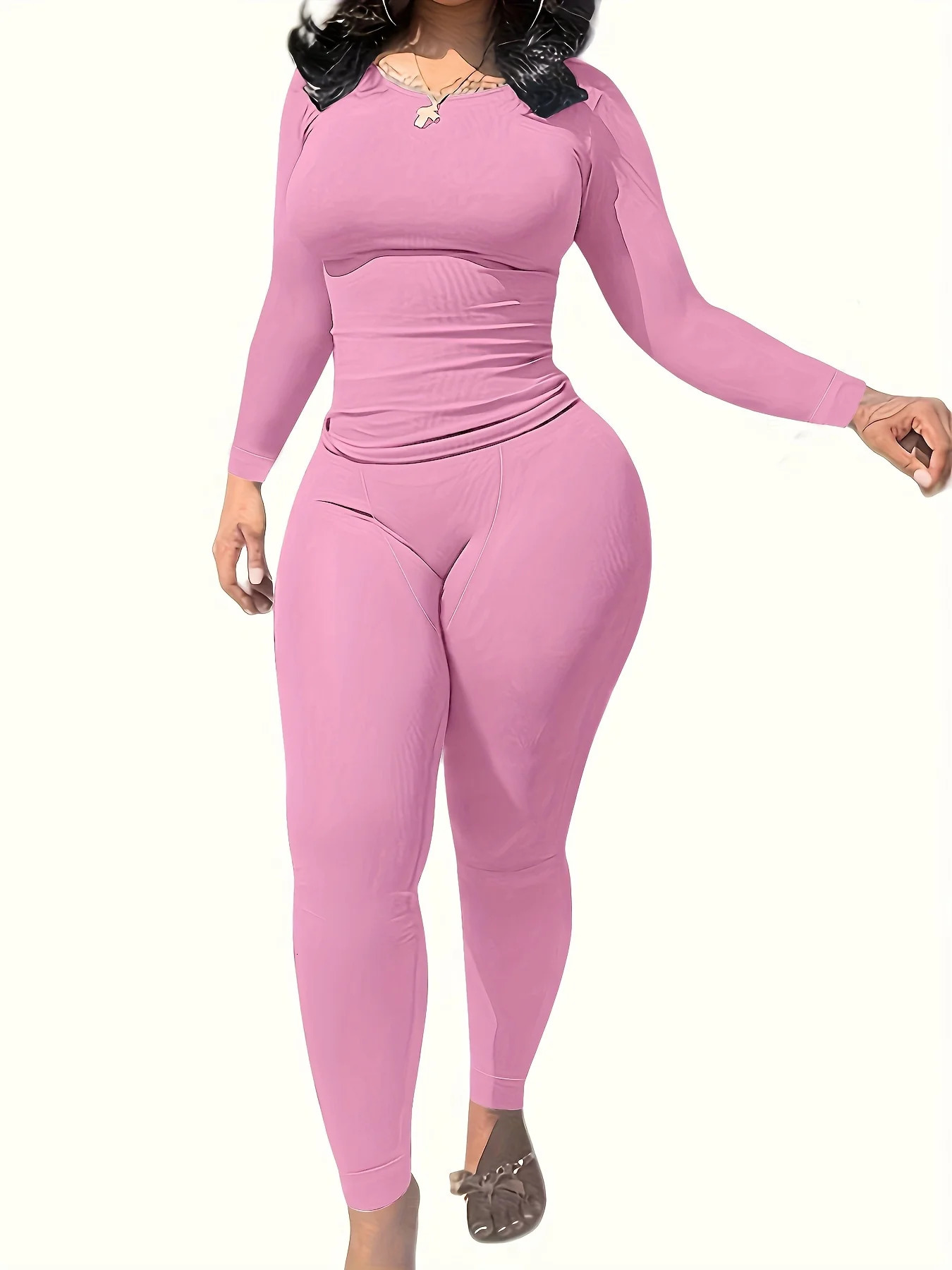 2pcs Solid Color Yoga Workout Set Long Sleeve Round Neck Top High Stretch Running Sports Leggings Suit Womens Activewear 250109
