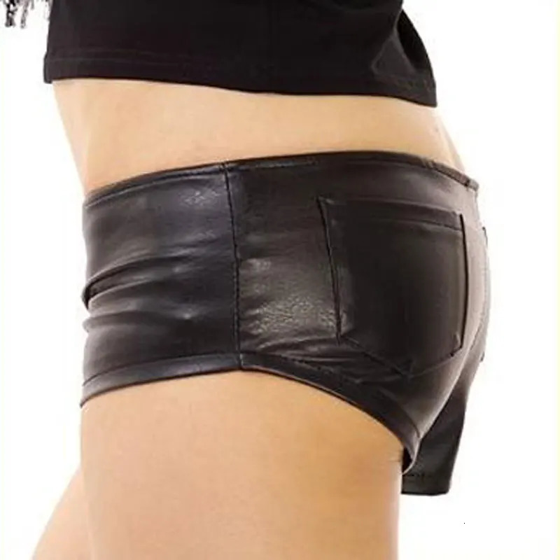 Zipper Shorts Sexy PU Leather Micro Mini Nightclub Shorts with Low Rise Waist