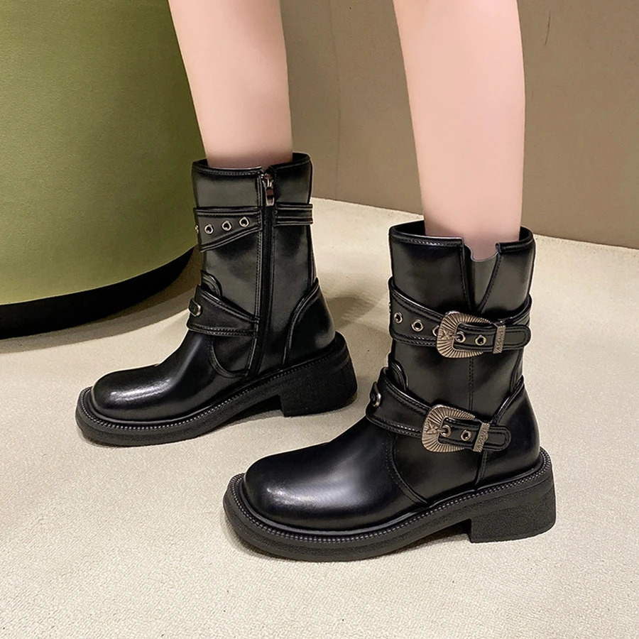 Brushed PU Leather British Style Short Boots Square Toe Thick Sole Belt Buckle Side Zipper Heel Knight for Women 250117