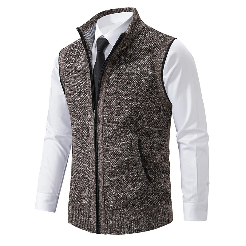 Autumn Winter Knit Vests Men Stand Collar Solid Color Knitted Sleeveless Sweatercoat Man Zipper Vest Cardigan Knitting Waistcoat 250114Z
