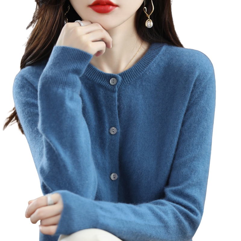 New Knit Cardigan for Early Spring Women's Round-Neck Sweater Long-Sleeve Solid Color Versatile Jacket