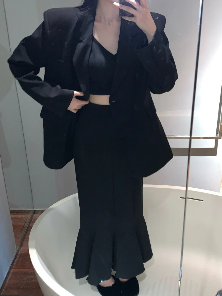 Womens Blazer Suits Skirt Sets Ladies Korean Side Button Suit High Waist Slim Mid-length Fishtail Skirt Blazers 250109
