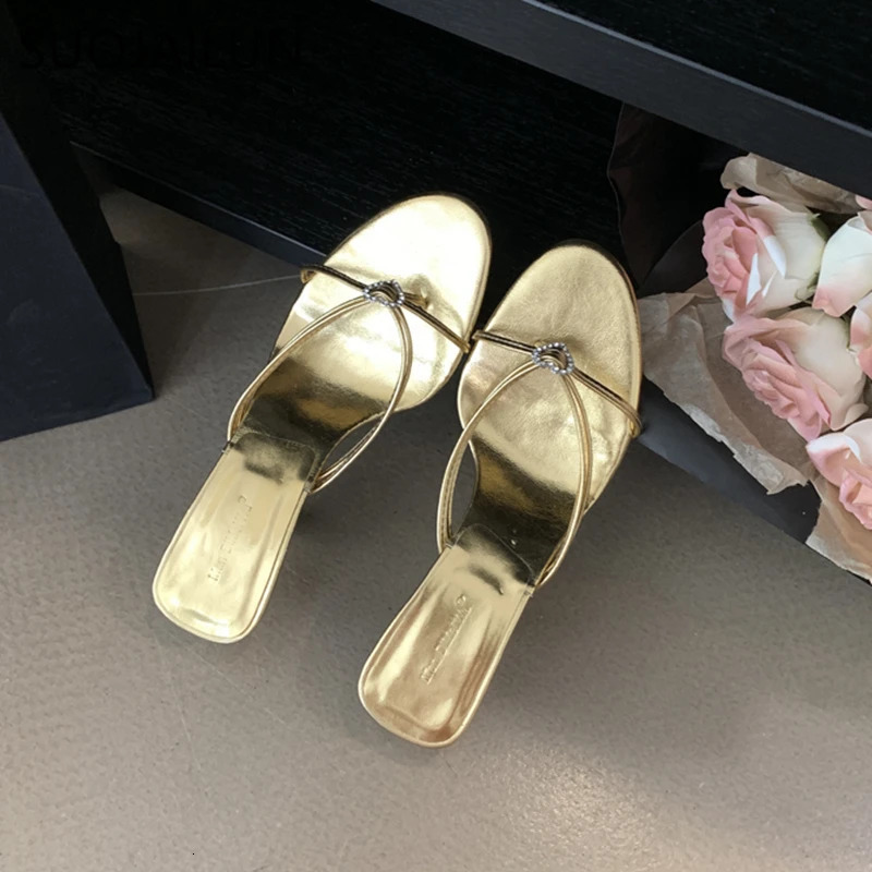 SUOJIALUN Summer Women Slipper Fashion Narrow Band Ladies Elegant Sandal Shoes Thin High Heel Dress Slip On Flip Flop 250113